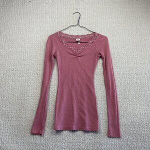 Y2K Rue21 Ribbed Long sleeve Bodycon Lingerie Lace trim Coquette Pink Wom Sz S